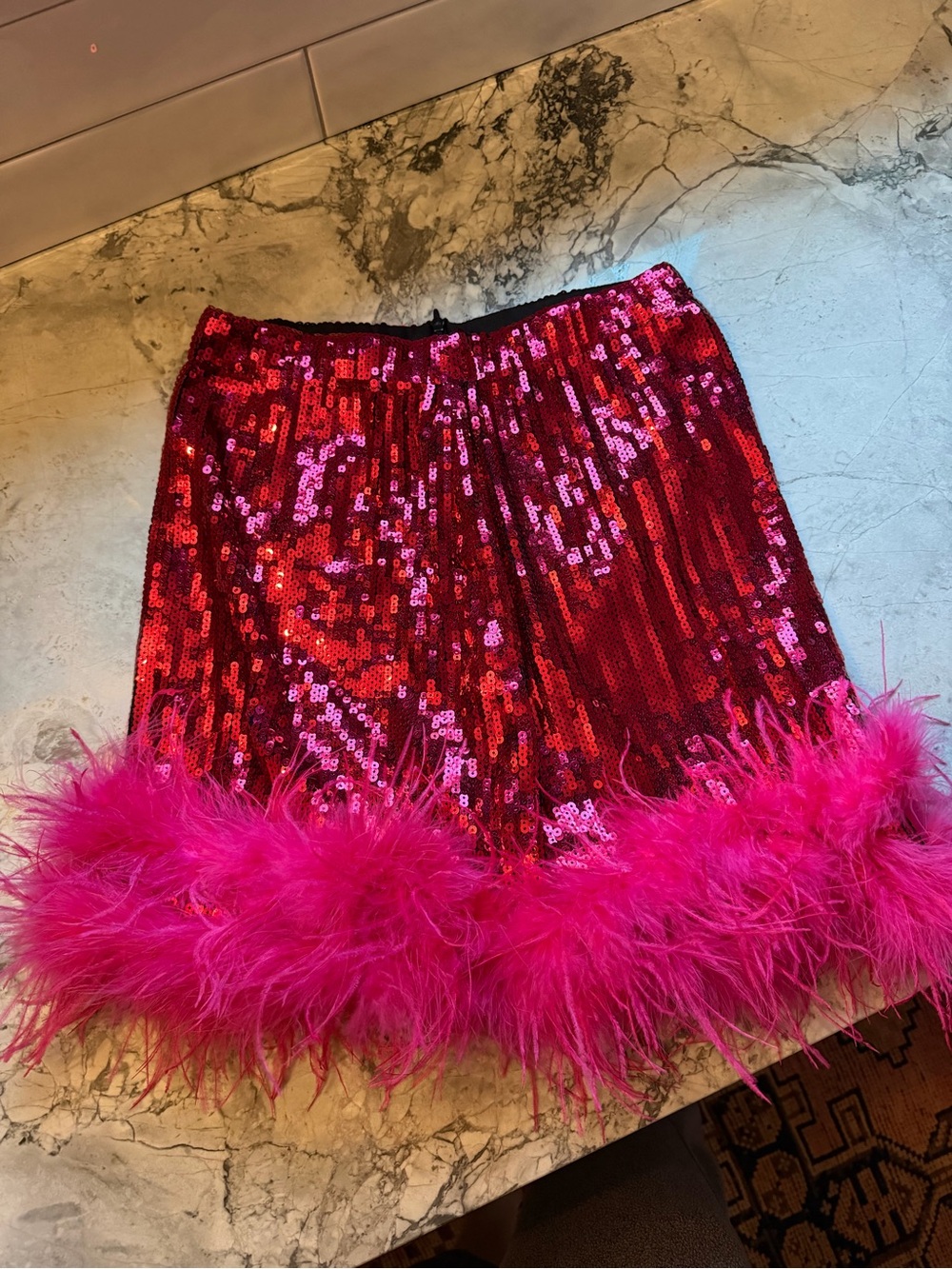 Judith March Red Sequin Mini Skirt with Pink Feather Trim